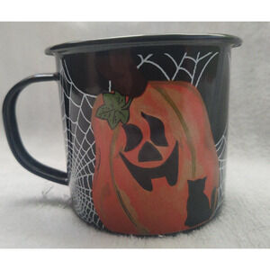 Harry and David Halloween Enamel Metal Camping Mug Cute Pumpkin, Cat, & Spider